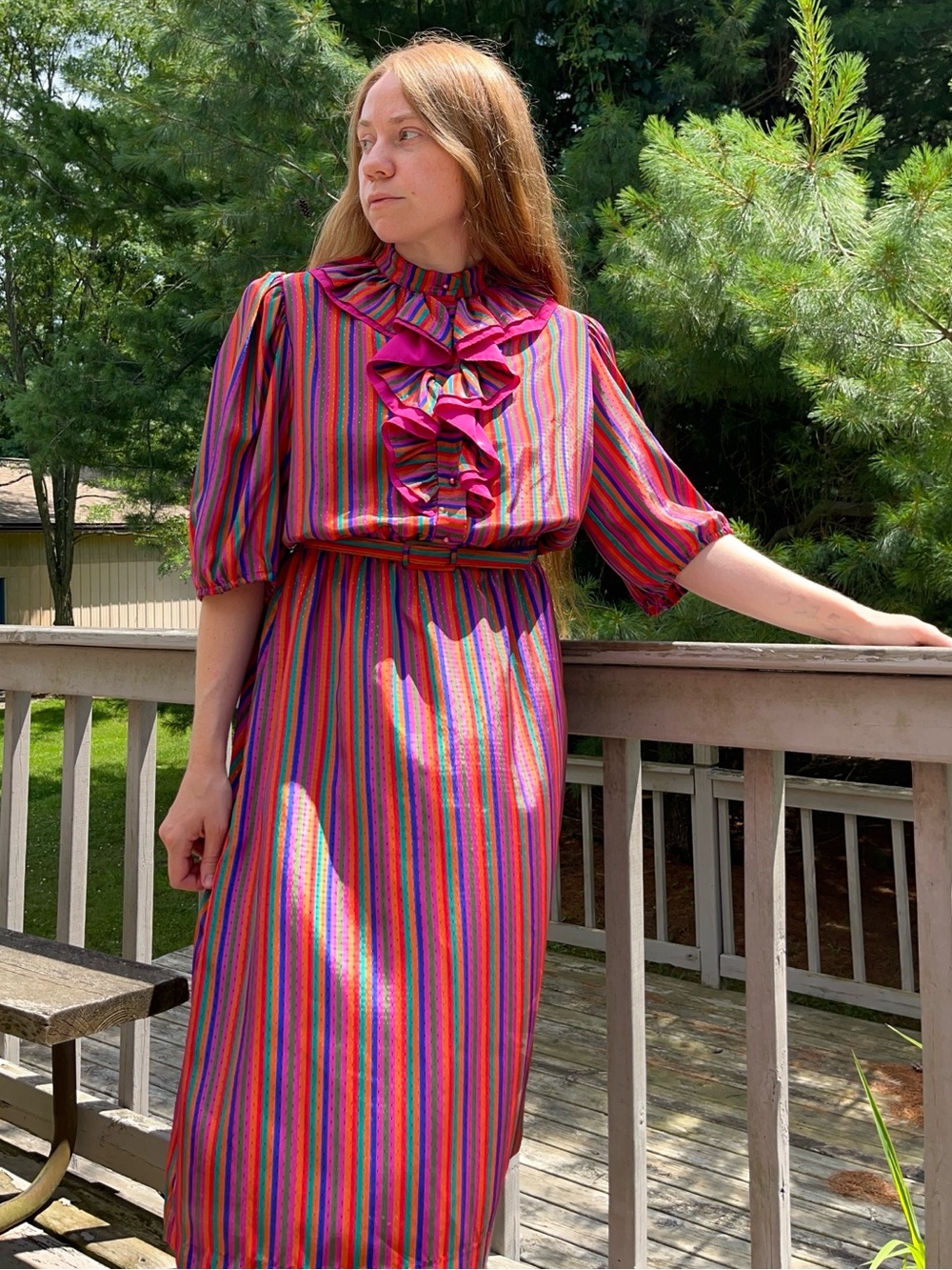 70s Sears Colorful Striped Circus Clown Ruffle Collar Midi Dress Size 14 Retro - Picture 5 of 16